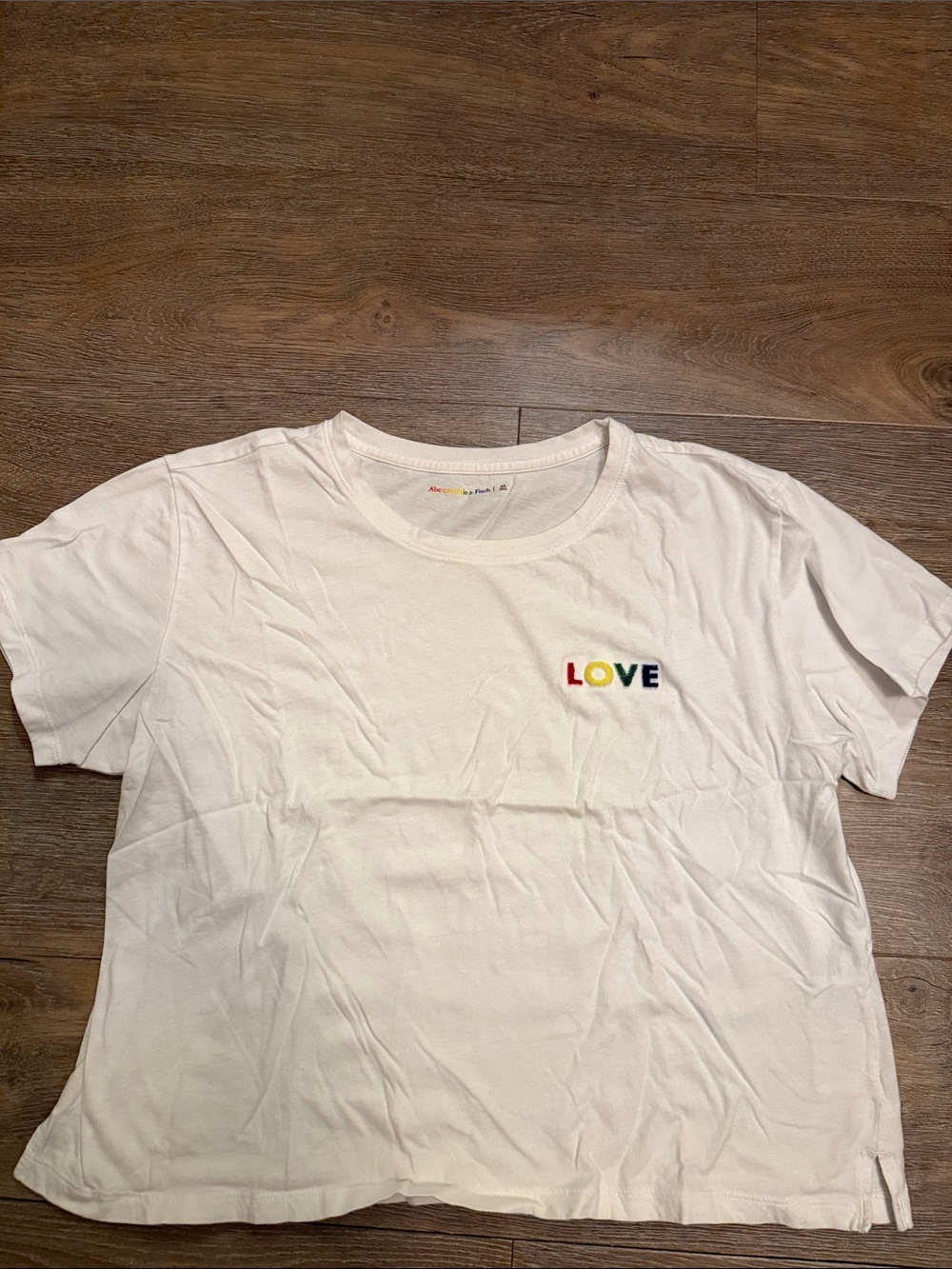 Abercrombie & Fitch White Crewneck Tee with Rainbow Logo